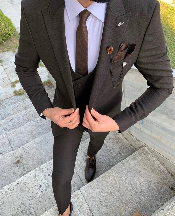 Coffee Brown Slim Fit 3 Piece Peak Lapel Wool Suit for Men by Bespokedailyshop | Free Worldwide Shipping