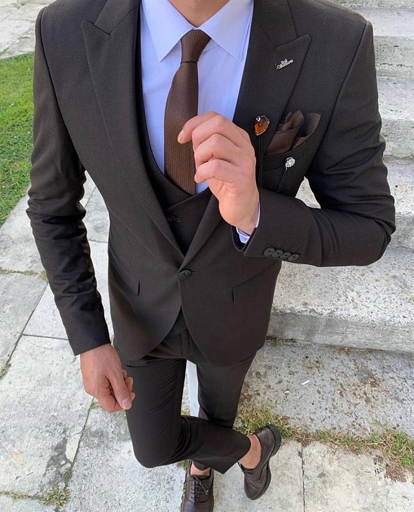 Coffee Brown Slim Fit 3 Piece Peak Lapel Wool Suit for Men by Bespokedailyshop | Free Worldwide Shipping