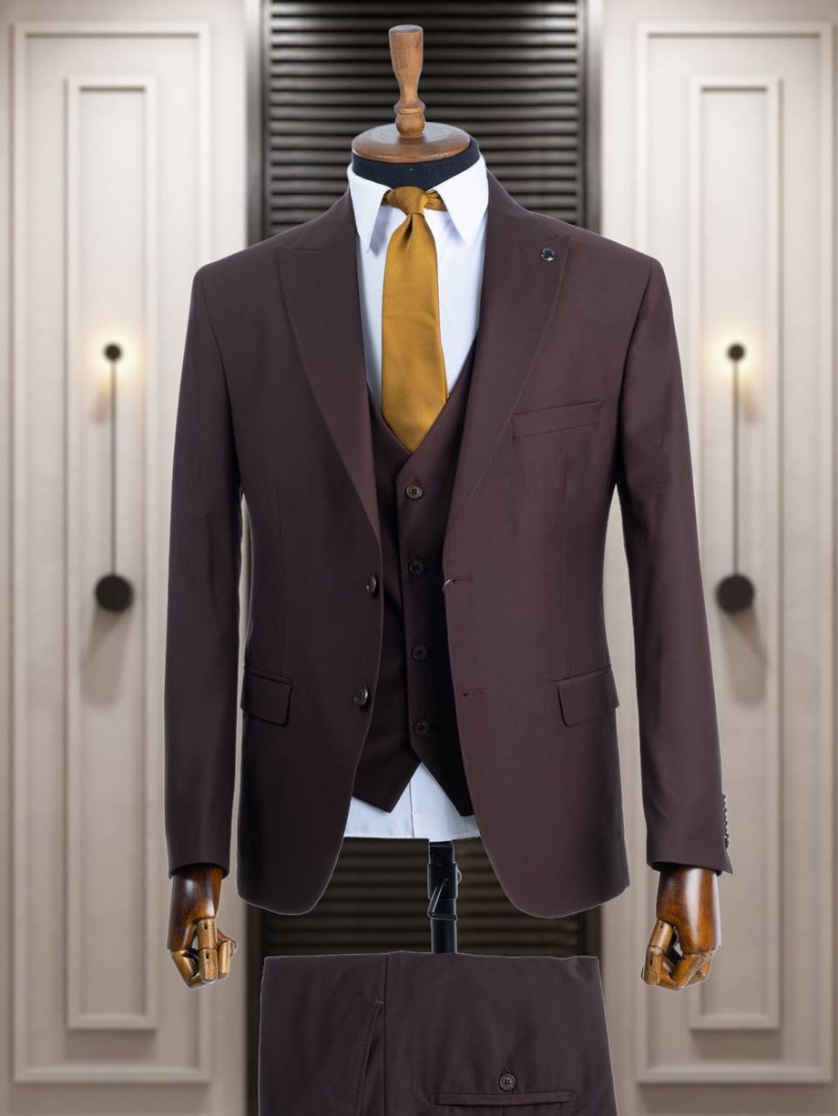 Dark Brown Slim Fit 3 Piece Peak Lapel Wool Suit for Men by Bespokedailyshop | Free Worldwide Shipping
