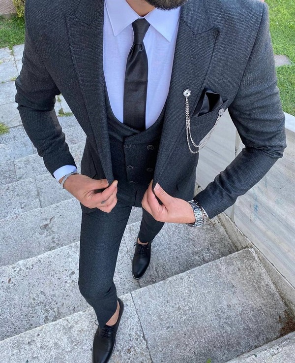 Dark Gray Slim Fit 3 Piece Peak Lapel Suit for Men by Bespokedailyshop | Free Worldwide Shipping