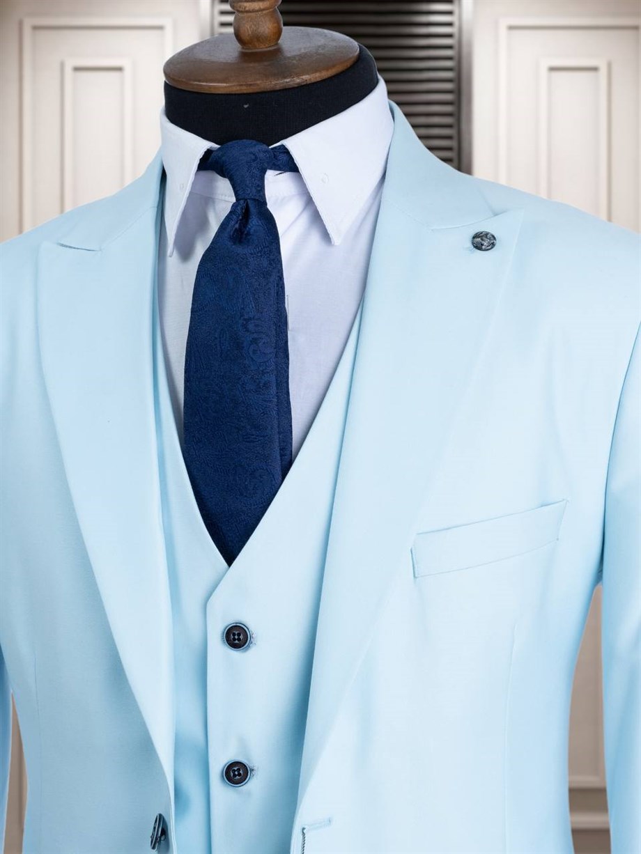 Ice Blue Slim Fit 3 Piece Peak Lapel Wool Suit for Men by Bespokedailyshop | Free Worldwide Shipping