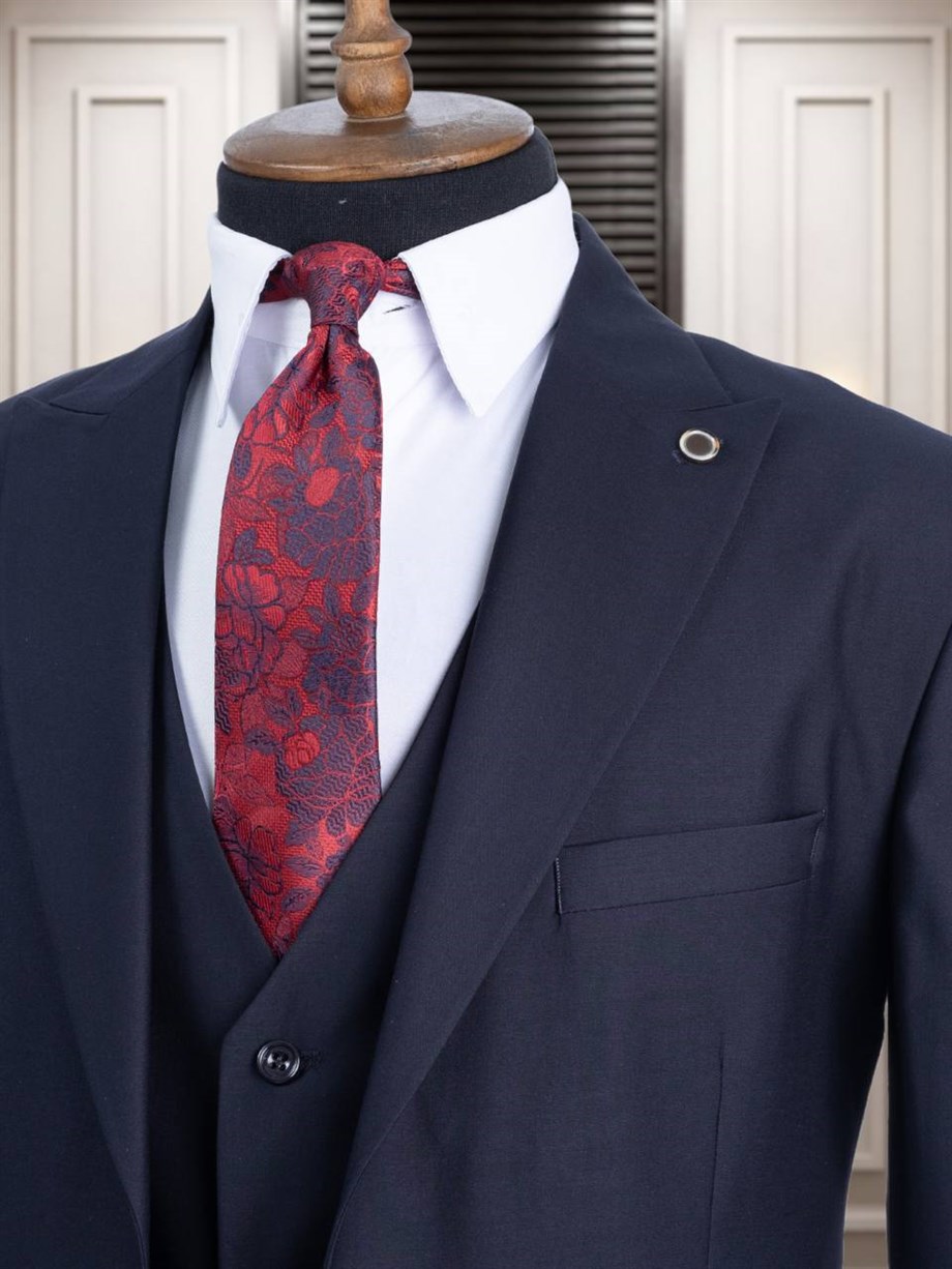 Navy Blue Slim Fit 3 Piece Peak Lapel Date Night Wool Suit for Men by Bespokedailyshop | Free Worldwide Shipping