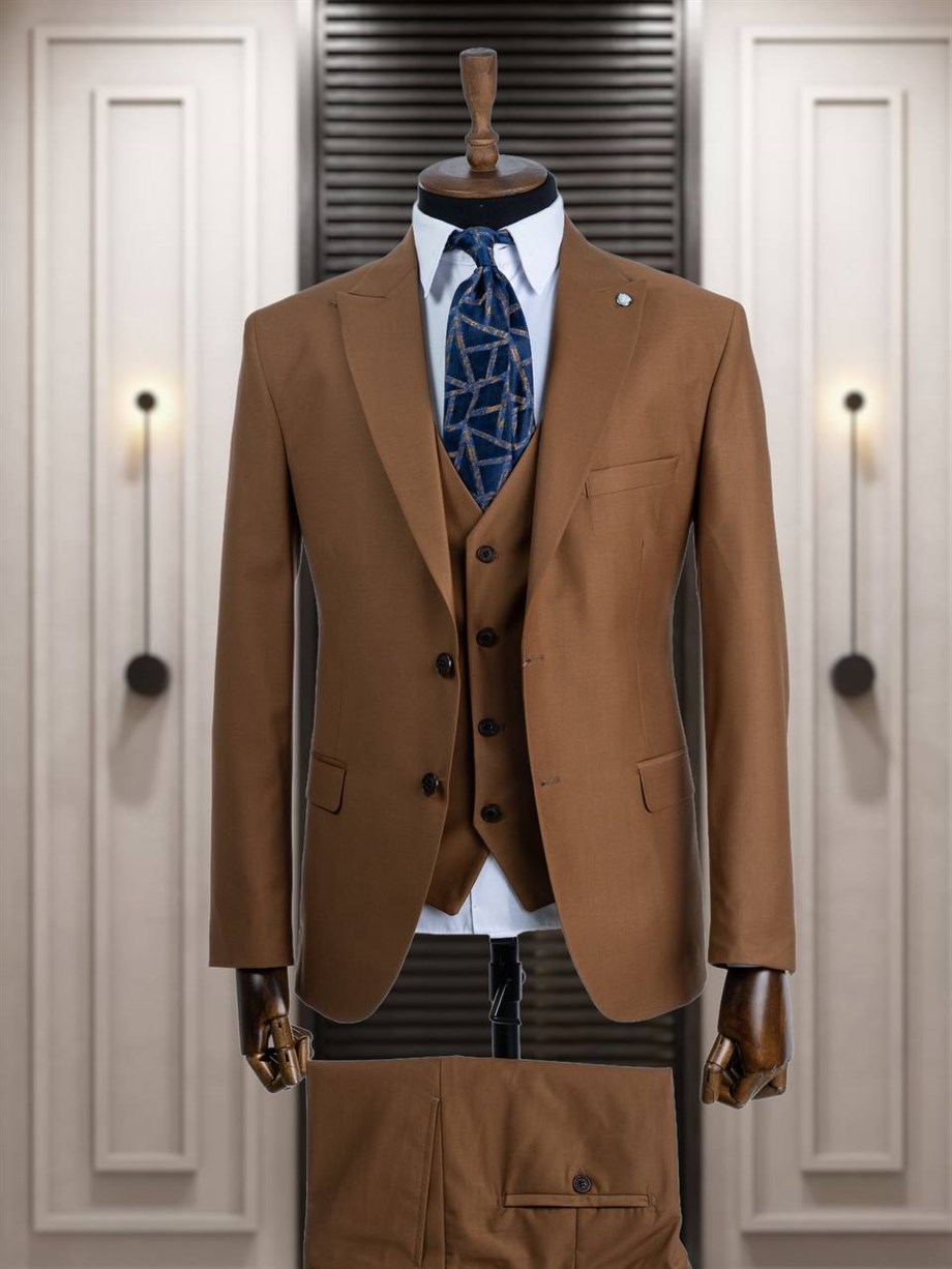 Rust Slim Fit 3 Piece Peak Lapel Wool Suit for Men by Bespokedailyshop | Free Worldwide Shipping