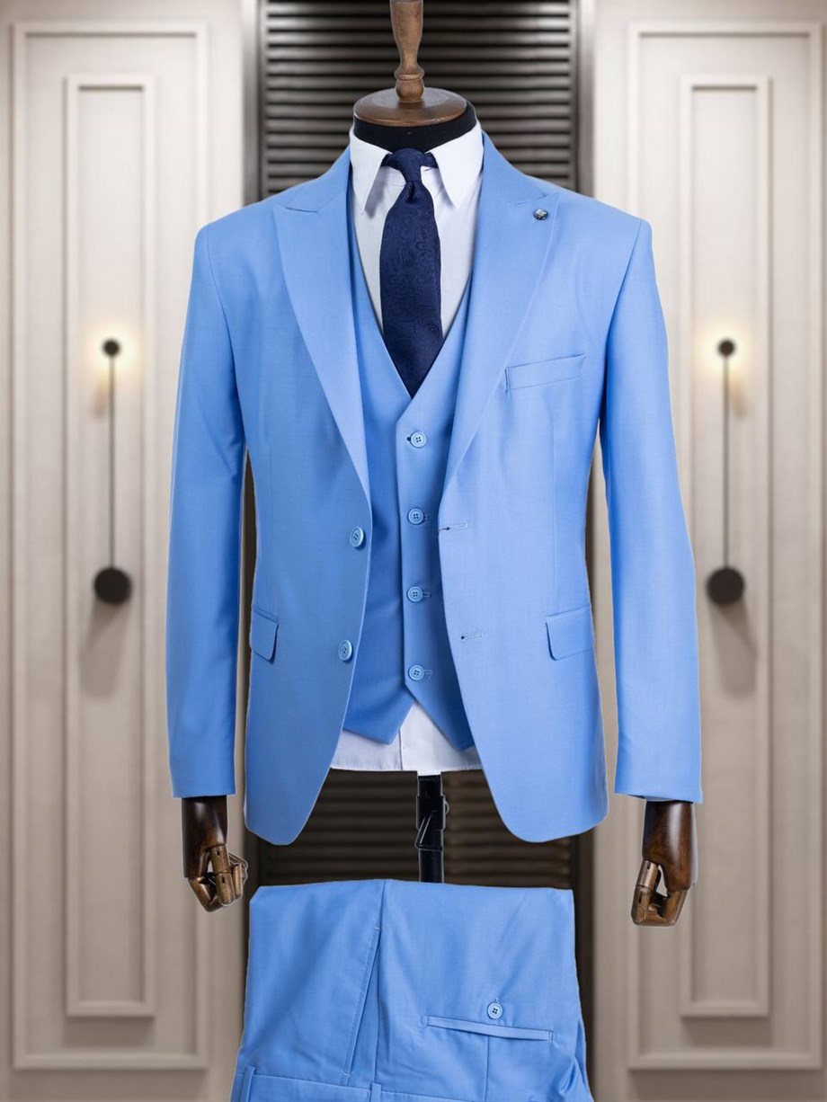 Sky Blue Slim Fit 3 Piece Peak Lapel Wool Suit for Men by Bespokedailyshop | Free Worldwide Shipping