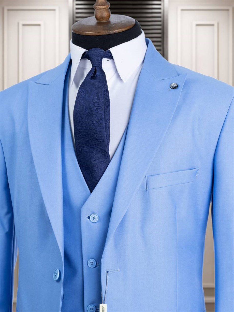 Sky Blue Slim Fit 3 Piece Peak Lapel Wool Suit for Men by Bespokedailyshop | Free Worldwide Shipping