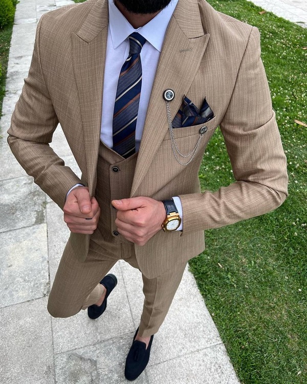 Beige Slim Fit 3 Piece Peak Lapel Crosshatch Suit for Men by Bespokedailyshop | Free Worldwide Shipping