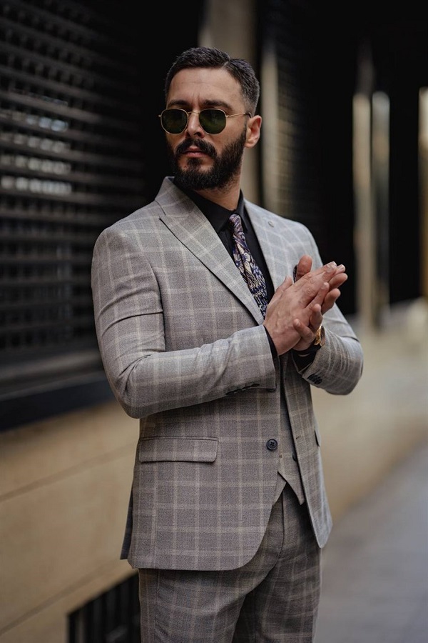 Beige Slim Fit 3 Piece Peak Lapel Check Suit for Men by Bespokedailyshop | Free Worldwide Shipping