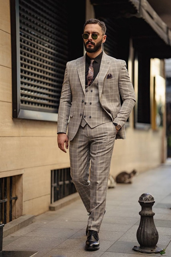 Beige Slim Fit 3 Piece Peak Lapel Check Suit for Men by Bespokedailyshop | Free Worldwide Shipping