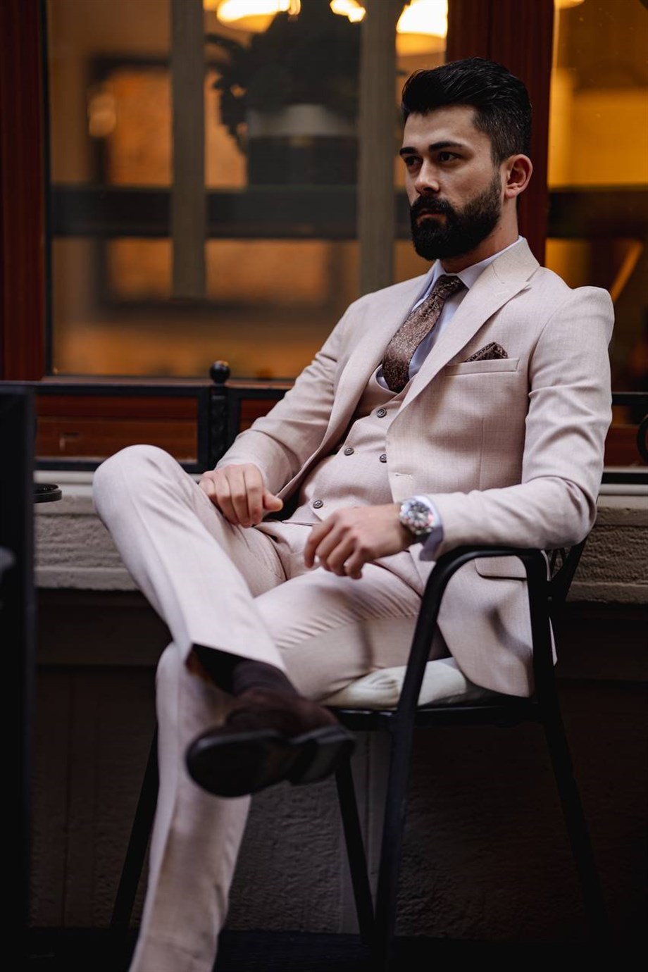 Beige Slim Fit 3 Piece Peak Lapel Wool Suit for Men by Bespokedailyshop | Free Worldwide Shipping