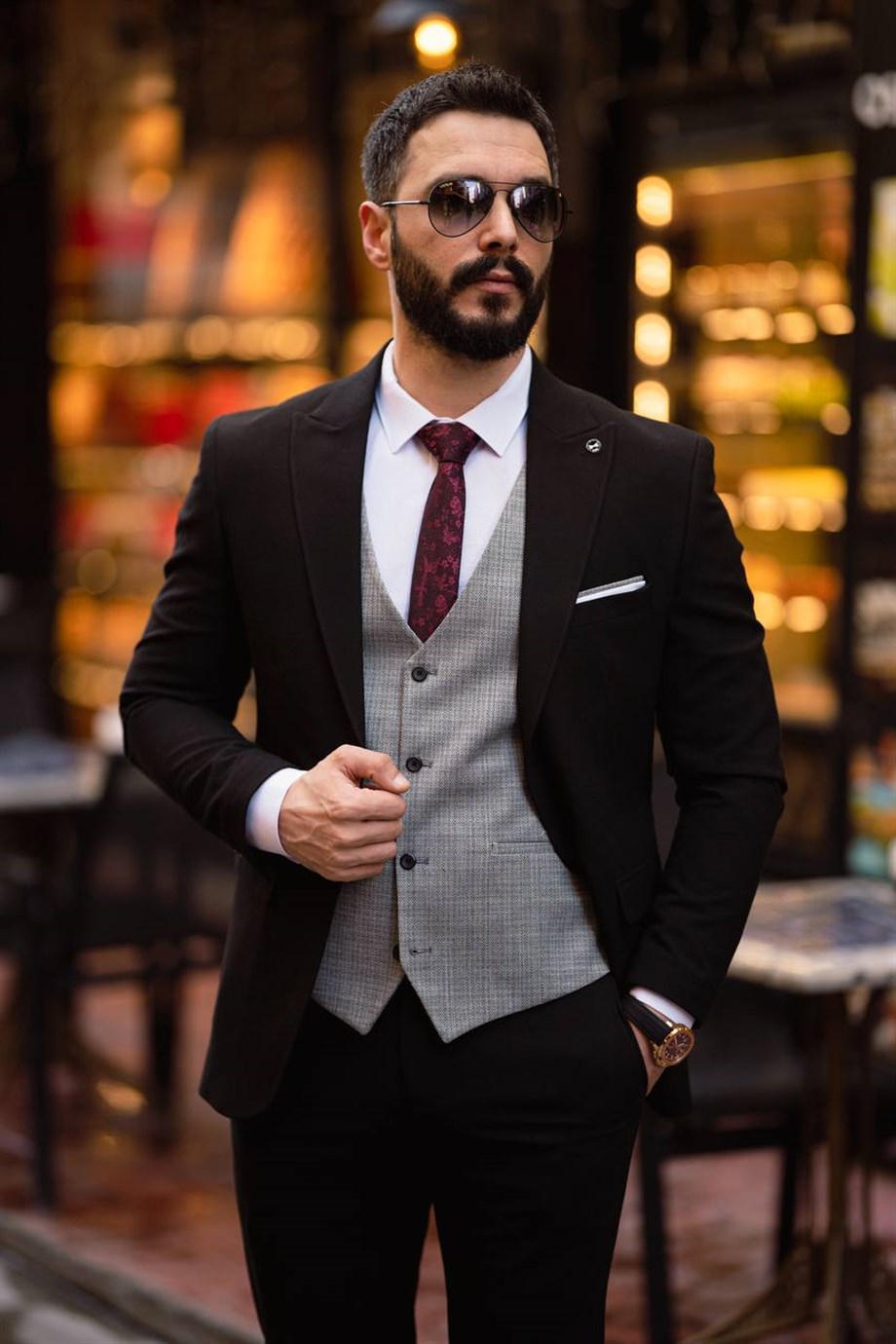 Black Slim Fit 3 Piece Peak Lapel Combination Suit for Men by Bespokedailyshop | Free Worldwide Shipping