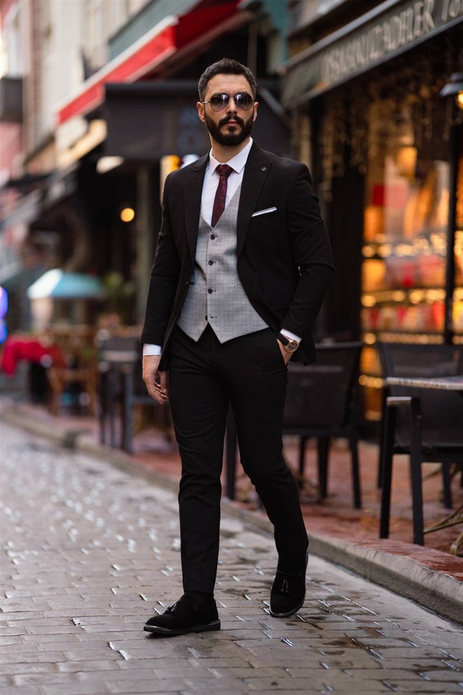 Black Slim Fit 3 Piece Peak Lapel Combination Suit for Men by Bespokedailyshop | Free Worldwide Shipping