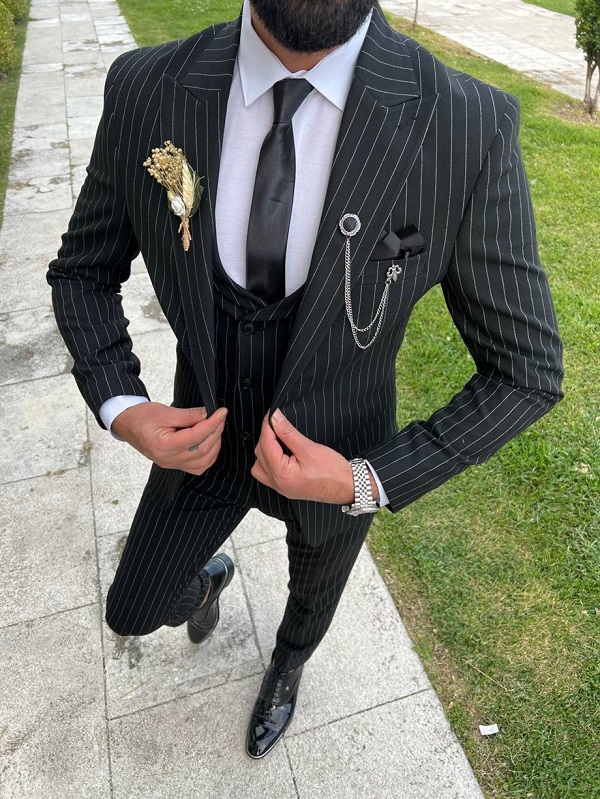 Black Slim Fit 3 Piece Peak Lapel Pinstripe Suit for Men by Bespokedailyshop | Free Worldwide Shipping
