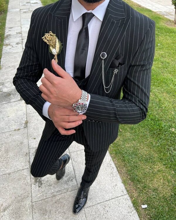Black Slim Fit Pinstripe Groom Suit for men by BespokeDailyShop