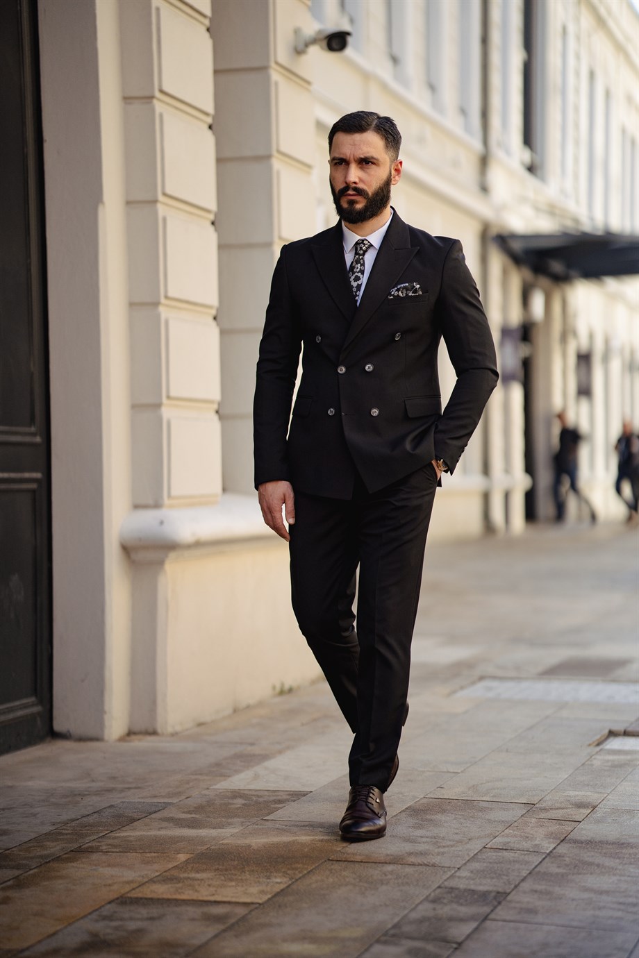 Slim Solid Black Wool-blend Double Breasted Suit Jacket