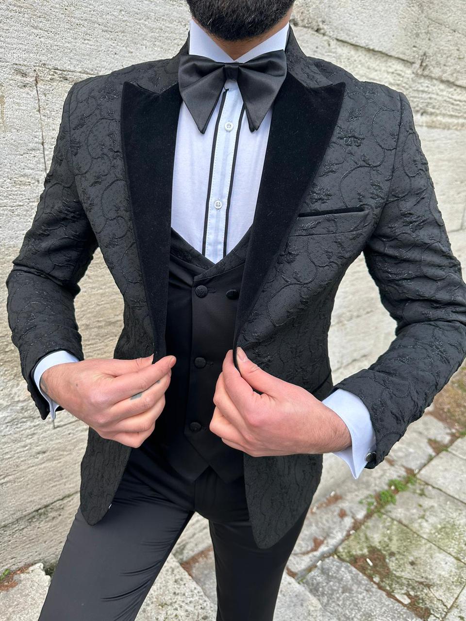 Black Slim Fit Peak Velvet Lapel Tuxedo for Men by Bespokedailyshop | Free Worldwide Shipping
