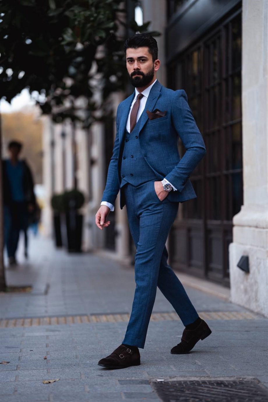 Blue Slim Fit 3 Piece Peak Lapel Wool Suit for Men by Bespokedailyshop | Free Worldwide Shipping