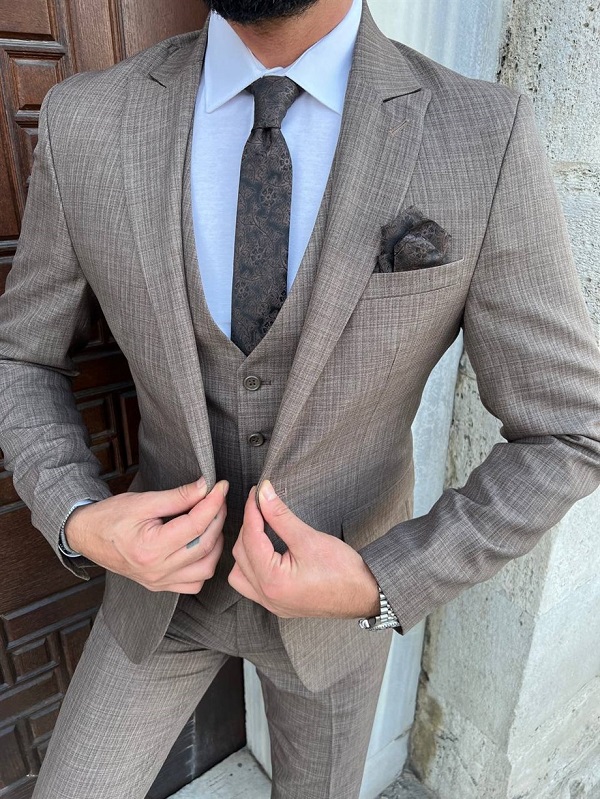 Brown Slim Fit 3 Piece Peak Lapel Crosshatch Suit for Men by Bespokedailyshop | Free Worldwide Shipping