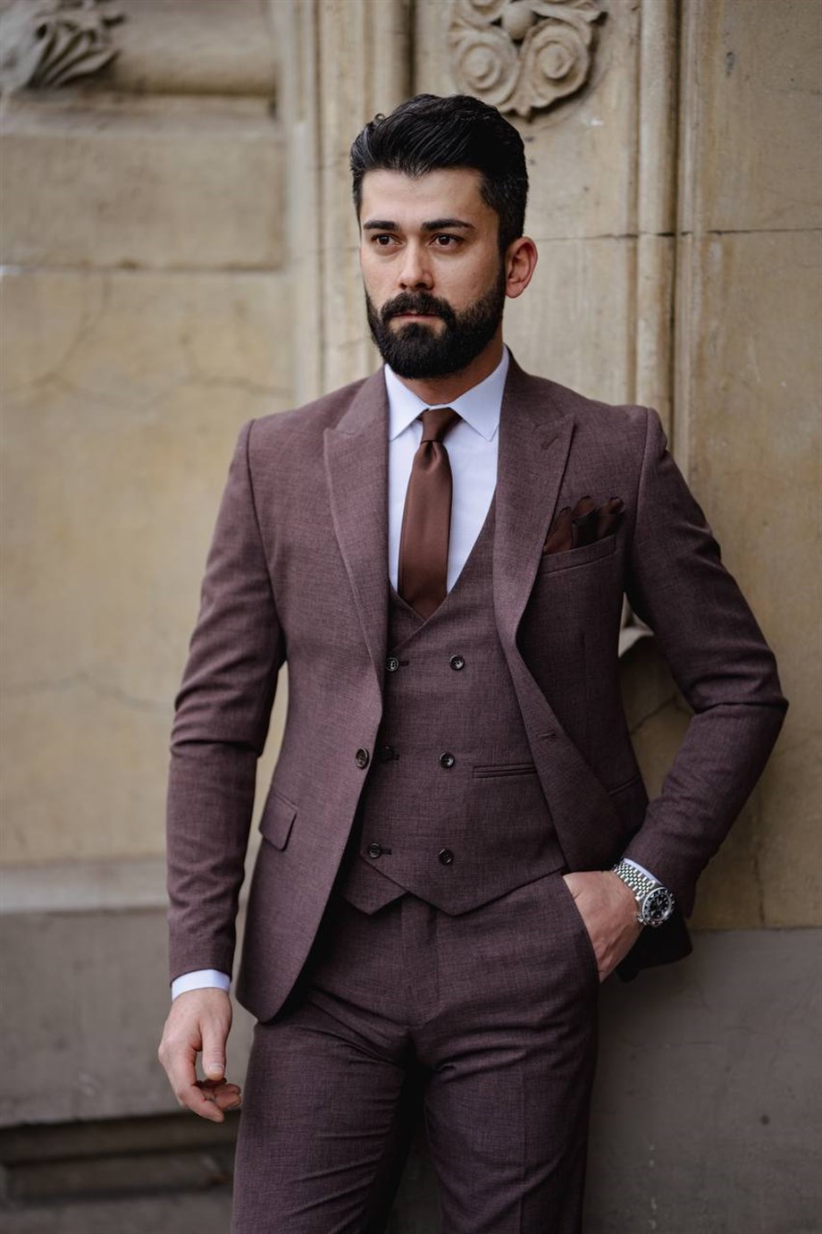 Brown Slim Fit 3 Piece Peak Lapel Wool Suit for Men by Bespokedailyshop | Free Worldwide Shipping