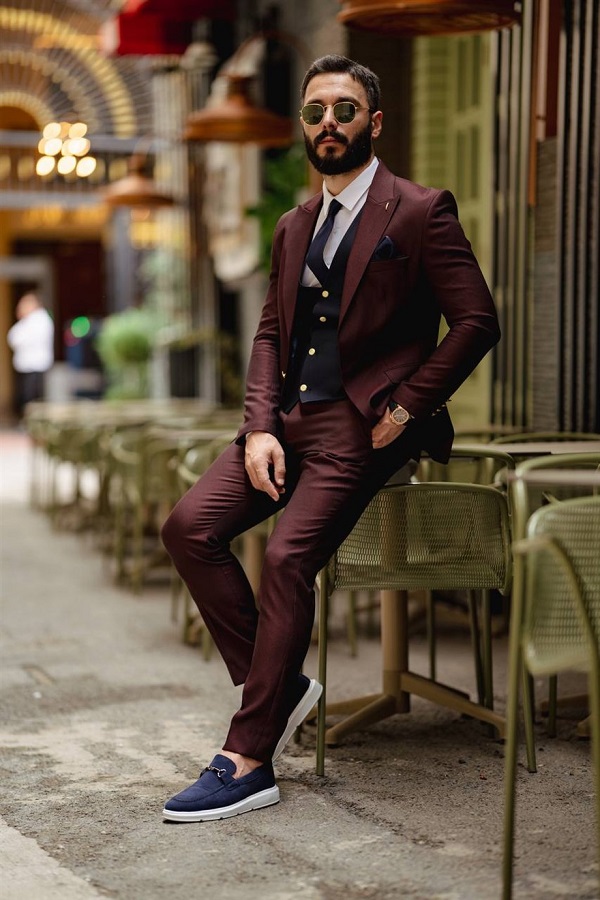 Burgundy Slim Fit 3 Piece Peak Lapel Combination Suit for Men by Bespokedailyshop | Free Worldwide Shipping