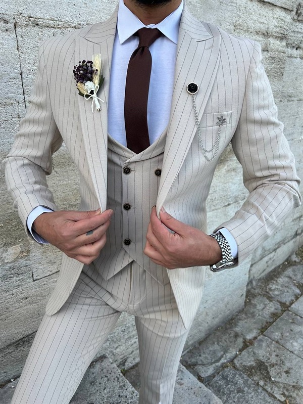 Cream Slim Fit 3 Piece Peak Lapel Pinstripe Suit for Men by Bespokedailyshop | Free Worldwide Shipping