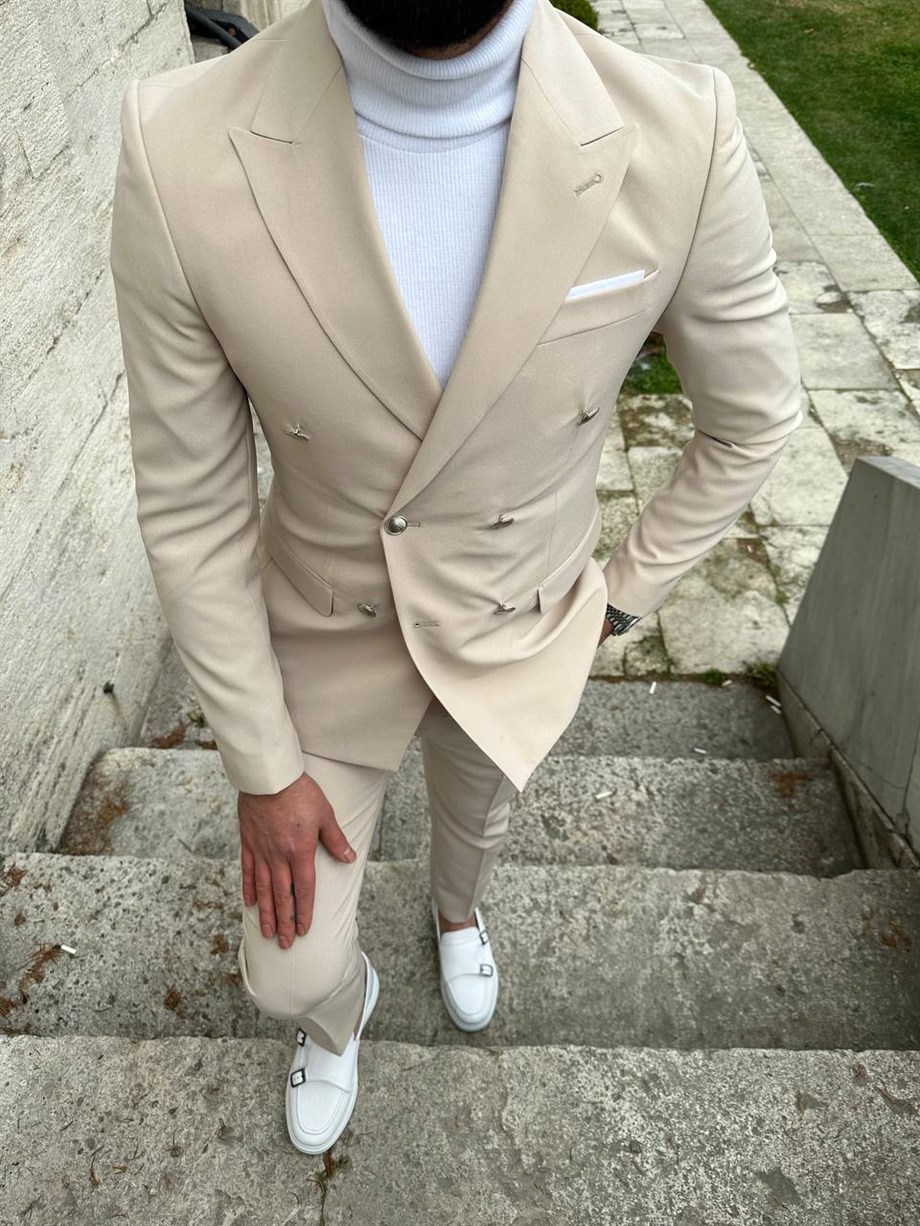 Cream Double Breasted Wool Suit For Men Bespokedailyshop