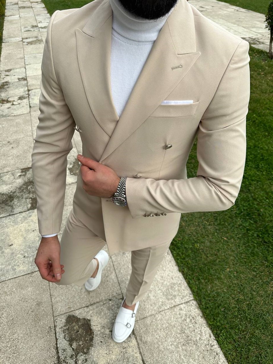 Cream Double Breasted Wool Suit for men | BespokeDailyShop