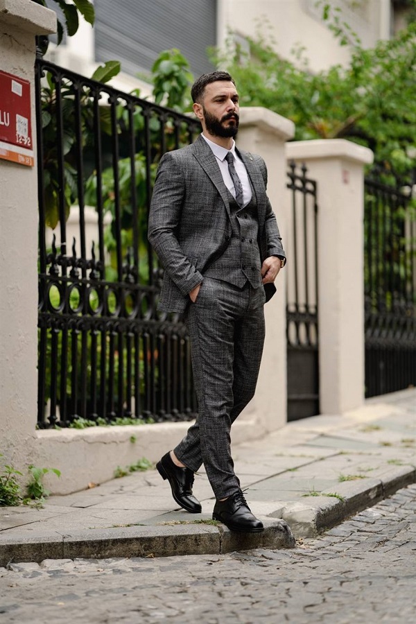 Dark Gray Slim Fit 3 Piece Peak Lapel Check Suit for Men by Bespokedailyshop | Free Worldwide Shipping