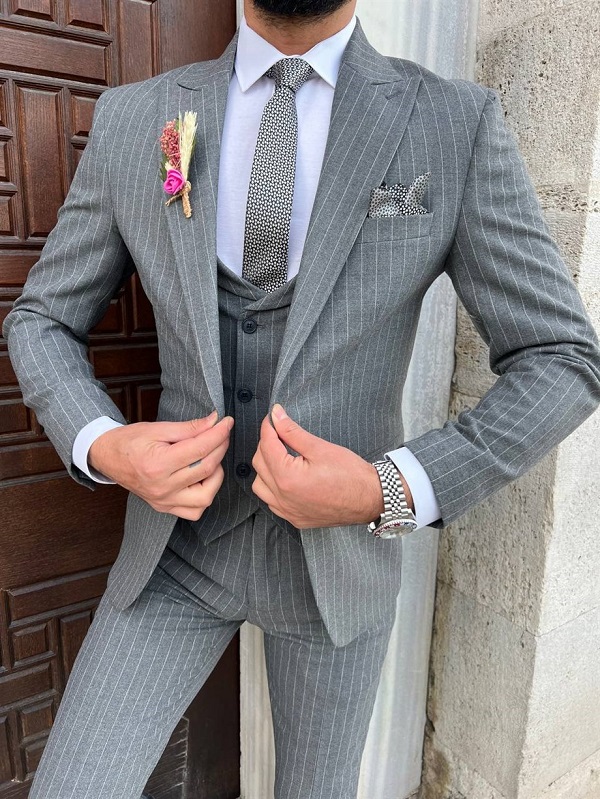 Gray Slim Fit 3 Piece Peak Lapel Pinstripe Suit for Men by Bespokedailyshop | Free Worldwide Shipping