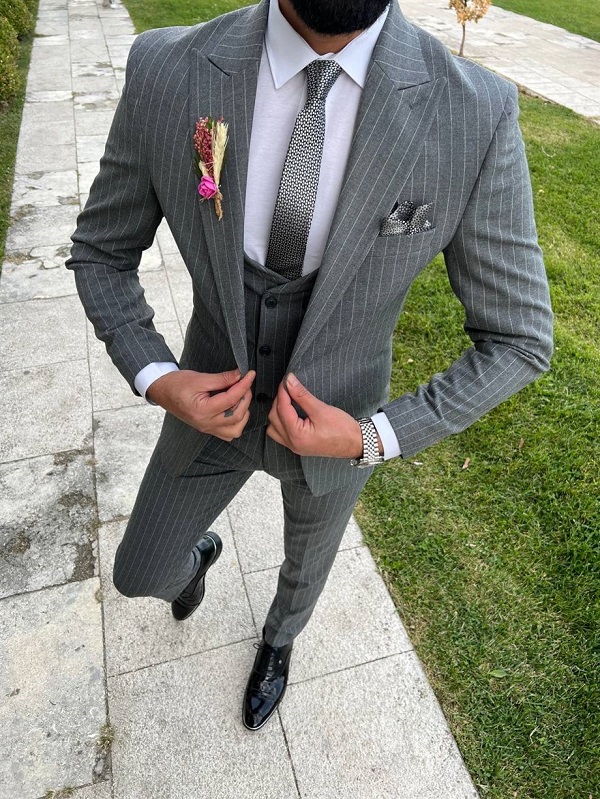 Gray Slim Fit 3 Piece Peak Lapel Pinstripe Suit for Men by Bespokedailyshop | Free Worldwide Shipping