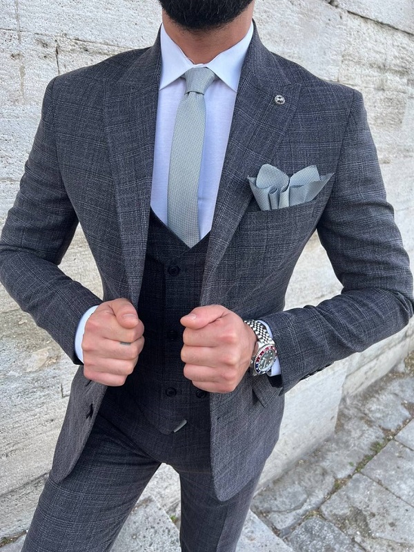 Gray Slim Fit 3 Piece Peak Lapel Crosshatch Plaid Suit for Men by Bespokedailyshop | Free Worldwide Shipping