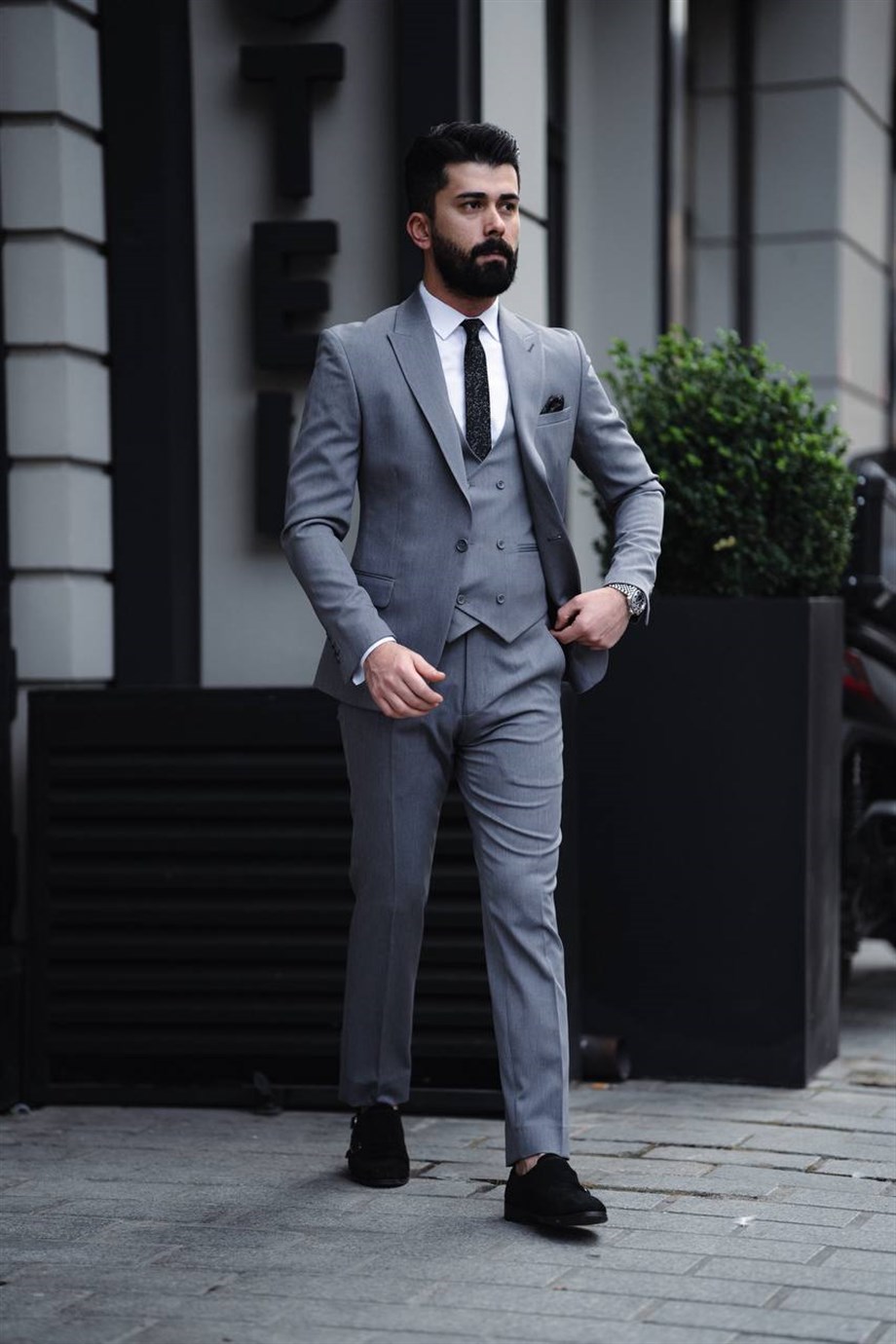 Gray Slim Fit 3 Piece Peak Lapel Wool Suit for Men by Bespokedailyshop | Free Worldwide Shipping
