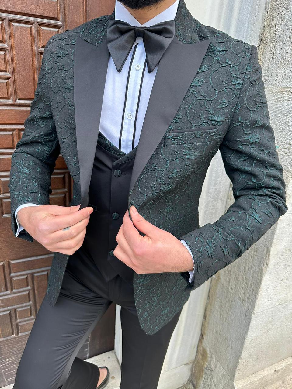 Green Slim Fit Peak Velvet Lapel Tuxedo for Men by Bespokedailyshop | Free Worldwide Shipping