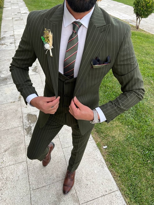 Khaki Green Slim Fit 3 Piece Peak Lapel Pinstripe Suit for Men by Bespokedailyshop | Free Worldwide Shipping