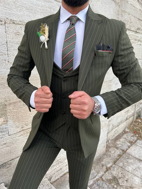 Khaki Green Slim Fit 3 Piece Peak Lapel Pinstripe Suit for Men by Bespokedailyshop | Free Worldwide Shipping