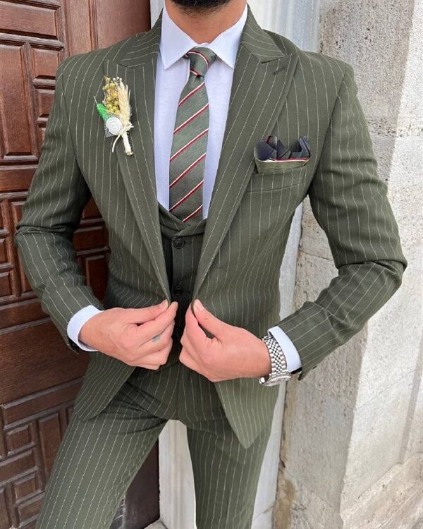 BespokeDaily Louisville Beige Slim Fit 3 Piece Peak Lapel Plaid Suit