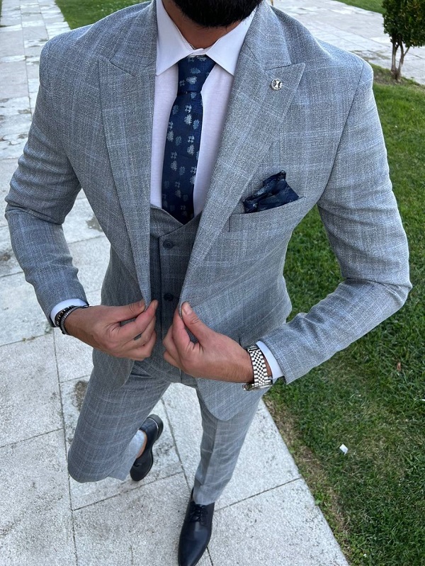 Light Brown Slim Fit 3 Piece Peak Lapel Crosshatch Plaid Suit for Men by Bespokedailyshop | Free Worldwide Shipping