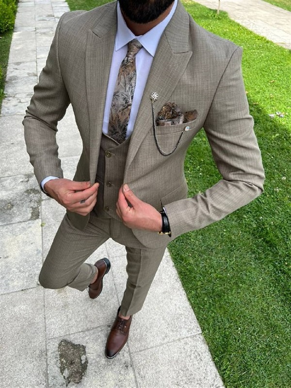 Light Brown Slim Fit 3 Piece Peak Lapel Crosshatch Suit for Men by Bespokedailyshop | Free Worldwide Shipping