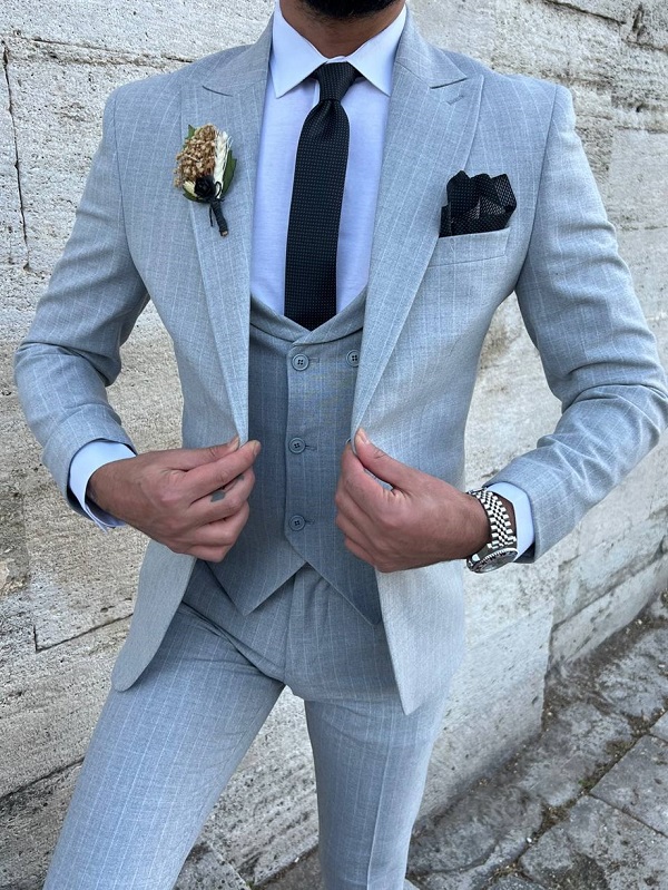 Light Gray Slim Fit 3 Piece Peak Lapel Pinstripe Suit for Men by Bespokedailyshop | Free Worldwide Shipping