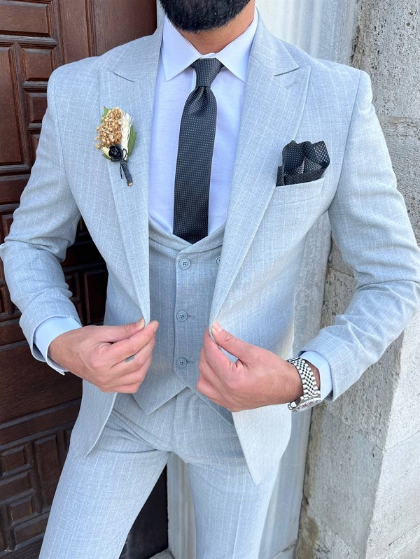 Light Gray Slim Fit 3 Piece Peak Lapel Pinstripe Suit for Men by Bespokedailyshop | Free Worldwide Shipping