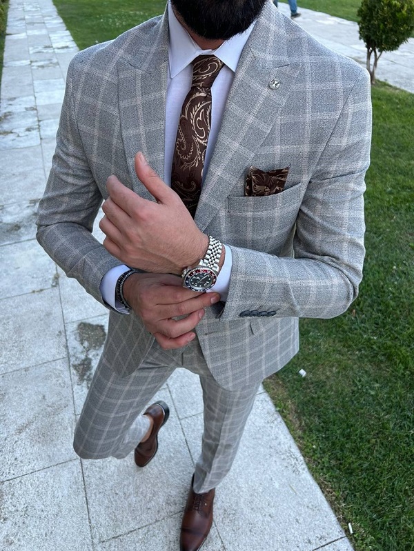 Light Gray Slim Fit Plaid Groom Suit for men by BespokeDailyShop