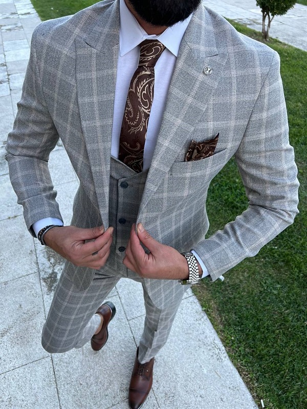 Light Gray Slim Fit 3 Piece Peak Lapel Crosshatch Plaid Suit for Men by Bespokedailyshop | Free Worldwide Shipping