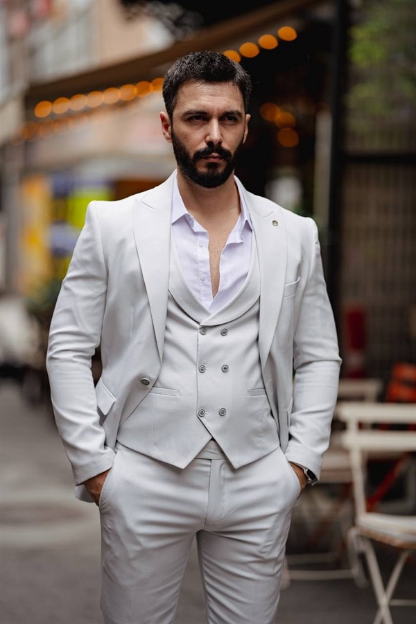 Light Gray Slim Fit 3 Piece Peak Lapel Suit for Men by Bespokedailyshop | Free Worldwide Shipping