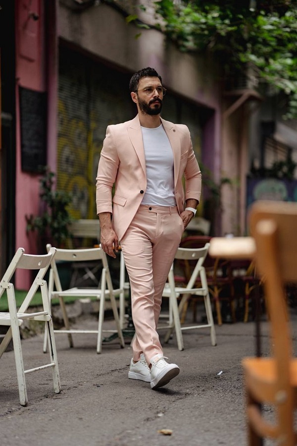 Light Pink Slim Fit 2 Piece Peak Lapel Suit for Men by Bespokedailyshop | Free Worldwide Shipping