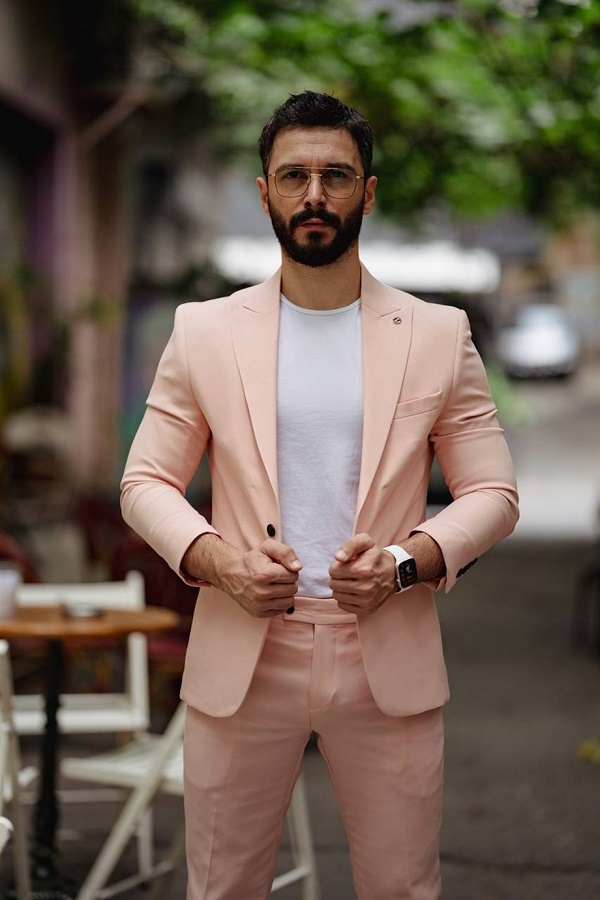 Light Pink Slim Fit 2 Piece Peak Lapel Suit for Men by Bespokedailyshop | Free Worldwide Shipping
