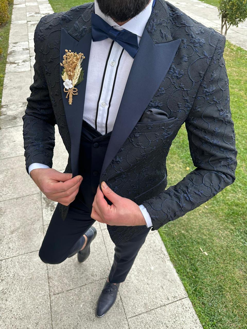 Navy Blue Slim Fit Peak Velvet Lapel Tuxedo for Men by Bespokedailyshop | Free Worldwide Shipping
