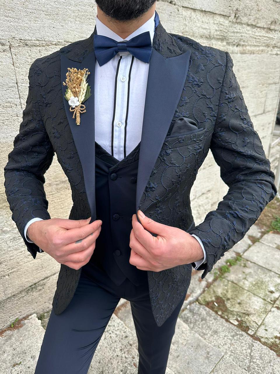 Navy Blue Slim Fit Peak Velvet Lapel Tuxedo for Men by Bespokedailyshop | Free Worldwide Shipping