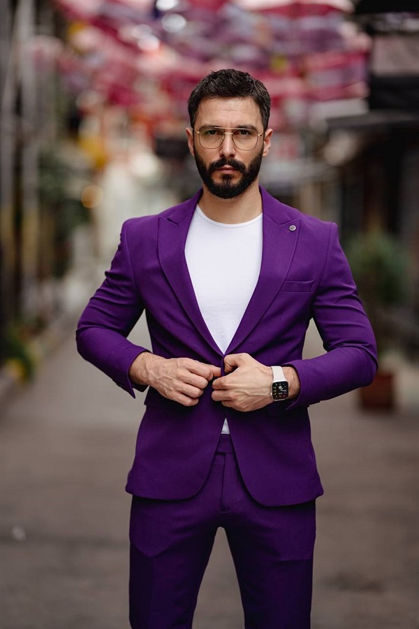 Purple Slim Fit 2 Piece Peak Lapel Suit for Men by Bespokedailyshop | Free Worldwide Shipping
