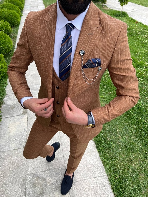 Rust Slim Fit 3 Piece Peak Lapel Crosshatch Suit for Men by Bespokedailyshop | Free Worldwide Shipping