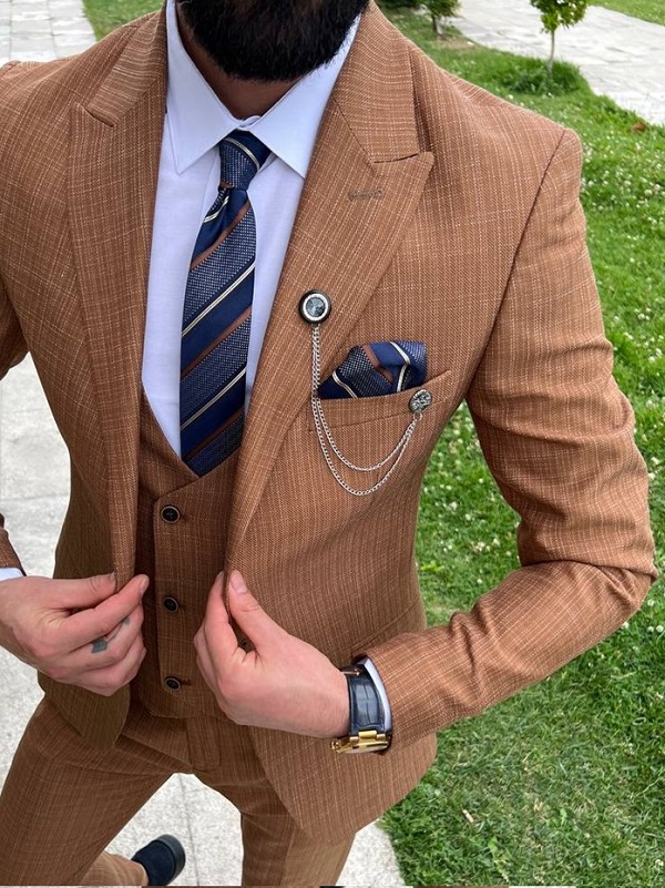 Rust Slim Fit 3 Piece Peak Lapel Crosshatch Suit for Men by Bespokedailyshop | Free Worldwide Shipping