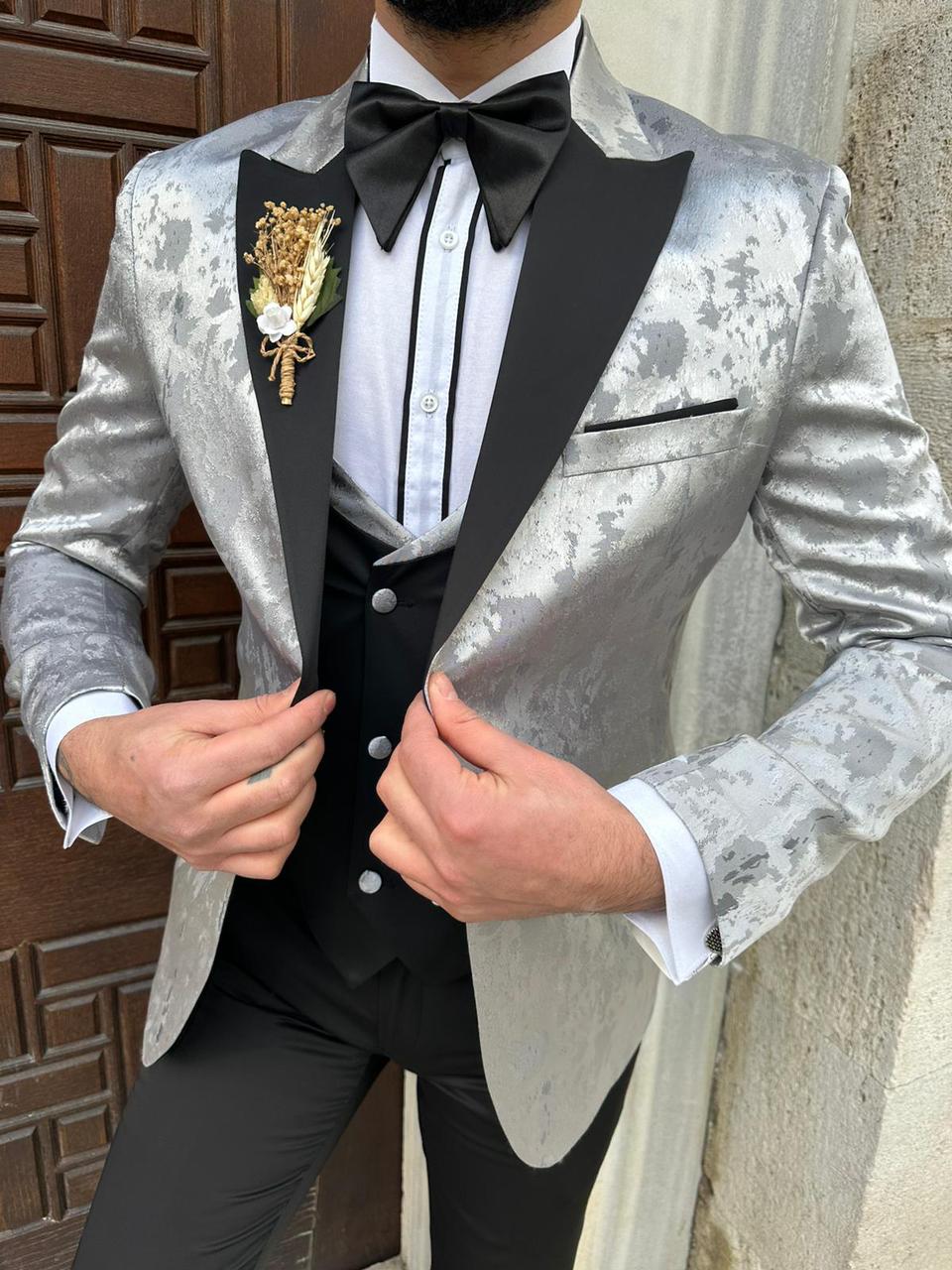 Silver Slim Fit Peak Lapel Glitter Tuxedo for Men by Bespokedailyshop | Free Worldwide Shipping